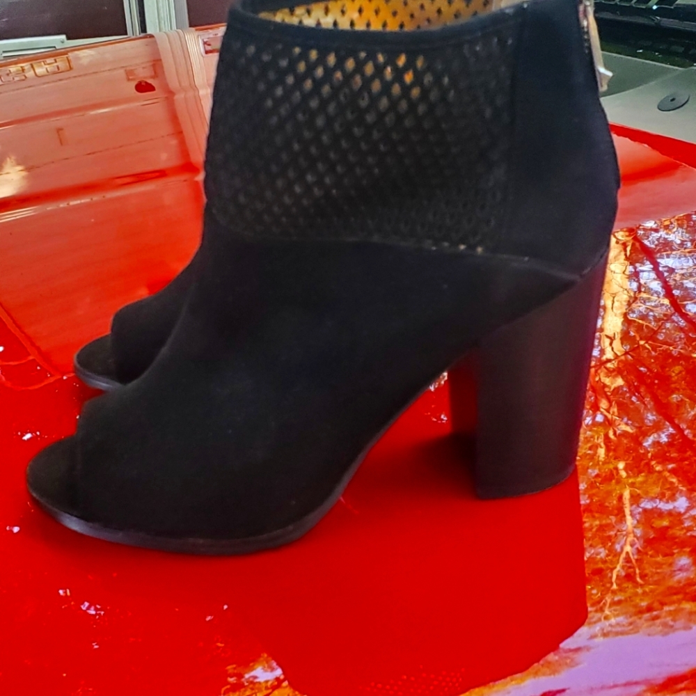 Black Velvet High Heel Open Toe Booties with back zippers.